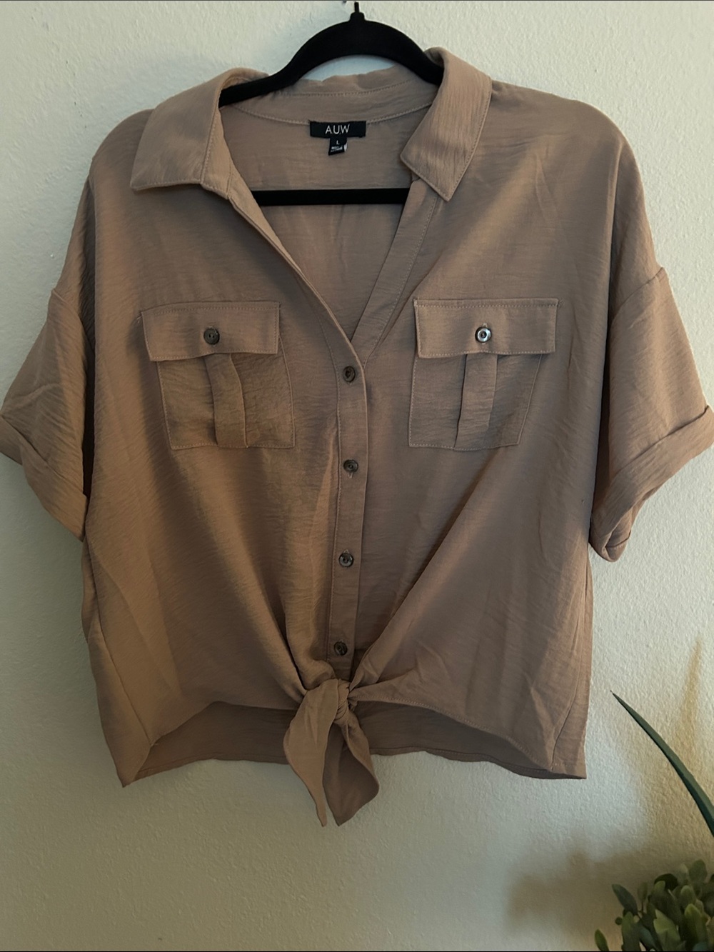 AUW Taupe Tie-Front Short Sleeve Button Shirt